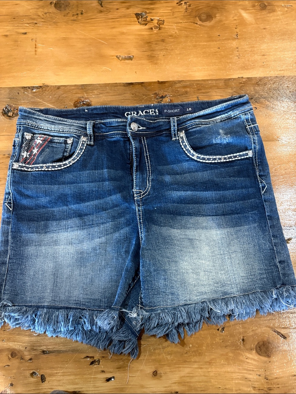 Grace in LA Dark Blue Frayed Hem Denim Shorts